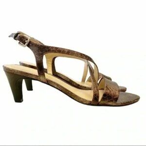 Franco Sarto Kitten Heel Strappy Sandals Metallic Bronze Snakeskin Leather 6.5